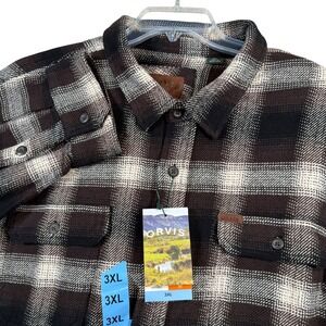 NEW Orvis Heavyweight Flannel Shirt Mens 3XL Brown Plaid Double Brushed Cotton